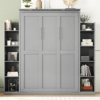 Full Size Murphy Bed with Shelves, LED Lights, Space-Saving Wall Bed with Flexible Slats, Dual Piston Mechanism, 91" L x 81" W x 84" H, Grey(m-4)