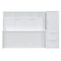 Queen Size Murphy Bed with Side Flip, Closet and Drawers, Space-saving Wall Bed with Integrated Storage, 112" L x 21.5" W x 78.5" H, White(m-2)