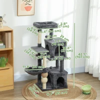 PawHut Cat Tower, 42" Multi-Level Cat Tree with Padded Plush Perch, Hammock, 2 Door Condos, Scratching Posts, Toy Balls(m-3)