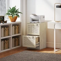 HOMCOM 2 Drawer Filing Cabinet with Lock, Boho File Cabinet for A4 Letter Size Files with Decorative Rattan Accents, Oak(m-8)