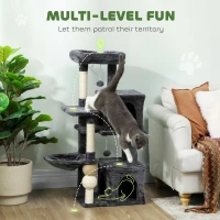 PawHut Cat Tower, 42" Multi-Level Cat Tree with Padded Plush Perch, Hammock, 2 Door Condos, Scratching Posts, Toy Balls(m-4)