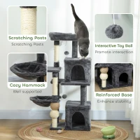 PawHut Cat Tower, 42" Multi-Level Cat Tree with Padded Plush Perch, Hammock, 2 Door Condos, Scratching Posts, Toy Balls(m-7)