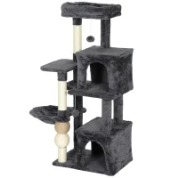 PawHut Cat Tower, 42" Multi-Level Cat Tree with Padded Plush Perch, Hammock, 2 Door Condos, Scratching Posts, Toy Balls(m-2)