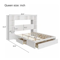 Queen Size Pine Wood Platform Bed with 2 Nightstands, Storage Shelf, Captain Bed Frame with 3 Drawers, 96" L x 93.5" W x 63.5" H, White(m-3)