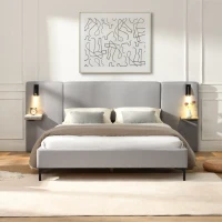 Queen Size Linen Upholstered Bed with Shelves, Integrated Lights, Chic Bed Frame with Durable Iron Legs, 86" L x 110" W x 41" H, Grey(m-1)
