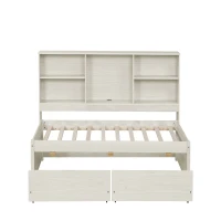 Twin Size Bed Frame with Side Bookshelves, Built-in USB Port, Type C Ports, Two Drawers for Extra Storage, 81" L x 50" W x 41" H, White(m-9)