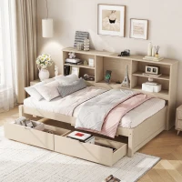 Twin Size Bed Frame with Side Bookshelves, Two Drawers, Built-in USB Port, and Adjustable Shelves, 81" L x 50" W x 41" H, Natural(m-5)