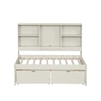 Twin Size Bed Frame with Side Bookshelves, Built-in USB Port, Type C Ports, Two Drawers for Extra Storage, 81" L x 50" W x 41" H, White(m-2)