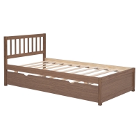 Modern Wooden Twin Size Platform Bed Frame with Trundle, Space-Saving Design, Rubber Wood Construction, 79.5" L x 42" W x 35.5" H, Walnut