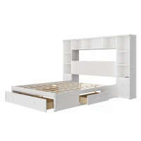 Queen Size Pine Wood Platform Bed with 2 Nightstands, Storage Shelf, Captain Bed Frame with 3 Drawers, 96" L x 93.5" W x 63.5" H, White(m-9)