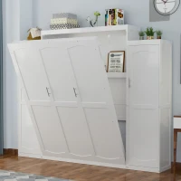 Full Size Murphy Bed with 2 Wardrobes and Storage Shelf, Multifunctional Foldable Platform Bedframe for Guest Room, 83" L x 104" W x 82.5" H, White(m-4)