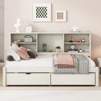 Twin Size Bed Frame with Side Bookshelves, Built-in USB Port, Type C Ports, Two Drawers for Extra Storage, 81" L x 50" W x 41" H, White(m-1)