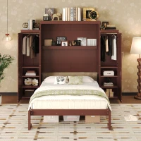 Queen Size Murphy Bed with 2 Wardrobes, Foldable Platform Bed Frame with Storage Shelf, 89" L x 110.5" W x 88.5" H, Walnut(m-4)