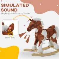 Qaba Kids Rocking Horse Plush Animal on Wooden Rockers with Sounds, Wooden Base, Baby Rocking Chair, Brown and White(m-4)