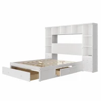 Full Size Pine Wood Platform Bed with Nightstands, Storage Shelf, Cabinet, Captain Bed Frame with Drawers, 91" L x 87" W x 63.5" H, White(m-9)