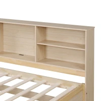 Twin Size Bed Frame with Side Bookshelves, Two Drawers, Built-in USB Port, and Adjustable Shelves, 81" L x 50" W x 41" H, Natural(m-6)