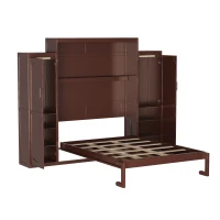 Queen Size Murphy Bed with 2 Wardrobes, Foldable Platform Bed Frame with Storage Shelf, 89" L x 110.5" W x 88.5" H, Walnut(m-8)