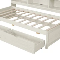 Twin Size Bed Frame with Side Bookshelves, Built-in USB Port, Type C Ports, Two Drawers for Extra Storage, 81" L x 50" W x 41" H, White(m-7)