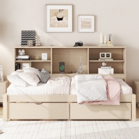 Twin Size Bed Frame with Side Bookshelves, Two Drawers, Built-in USB Port, and Adjustable Shelves, 81" L x 50" W x 41" H, Natural
