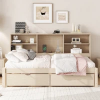 Twin Size Bed Frame with Side Bookshelves, Two Drawers, Built-in USB Port, and Adjustable Shelves, 81" L x 50" W x 41" H, Natural(m-1)
