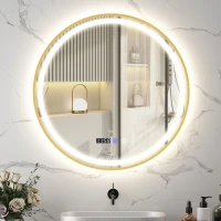 HOMCOM 24" Round Bathroom Mirror with LED Lights, Wall Mounted Vanity Mirror with Anti-Fog Pad, Time and Temp Display, Gold(m-1)