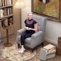 HOMCOM Fabric Accent Chair, Button Tufted Armchair, Upholstered Modern Living Room Chair, Wingback Chair with Wood Legs, Rolled Arms, Thick Padding for Bedroom, Grey(m-9)