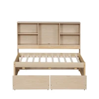 Twin Size Bed Frame with Side Bookshelves, Two Drawers, Built-in USB Port, and Adjustable Shelves, 81" L x 50" W x 41" H, Natural(m-9)