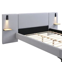 Queen Size Linen Upholstered Bed with Shelves, Integrated Lights, Chic Bed Frame with Durable Iron Legs, 86" L x 110" W x 41" H, Grey(m-8)