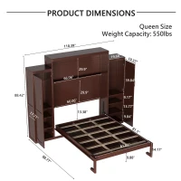 Queen Size Murphy Bed with 2 Wardrobes, Foldable Platform Bed Frame with Storage Shelf, 89" L x 110.5" W x 88.5" H, Walnut(m-3)