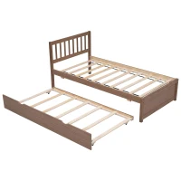 Modern Wooden Twin Size Platform Bed Frame with Trundle, Space-Saving Design, Rubber Wood Construction, 79.5" L x 42" W x 35.5" H, Walnut(m-10)