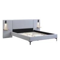 Queen Size Linen Upholstered Bed with Shelves, Integrated Lights, Chic Bed Frame with Durable Iron Legs, 86" L x 110" W x 41" H, Grey(m-9)