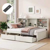 Twin Size Bed Frame with Side Bookshelves, Built-in USB Port, Type C Ports, Two Drawers for Extra Storage, 81" L x 50" W x 41" H, White(m-4)