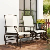 Outsunny Outdoor Glider Bench with Center Table, Metal Frame Patio Loveseat with Breathable Mesh Fabric and Armrests for Backyard Garden Porch, Beige(m-9)