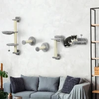 PawHut 4PCs Cat Wall Shelves with Hammock, Scratching Post, Ladder, Steps, Platforms, Toy Balls, Grey(m-8)