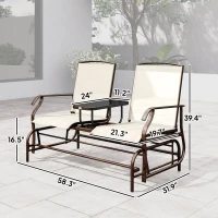 Outsunny Outdoor Glider Bench with Center Table, Metal Frame Patio Loveseat with Breathable Mesh Fabric and Armrests for Backyard Garden Porch, Beige(m-3)