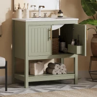 30" Bathroom Vanity with Ceramic Sink, Ample Storage, Soft Close Doors, Cabinet with Solid Wood frame, 30" L x 18.5" W x 34" H, Green+White(m-10)