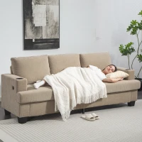 HOMCOM 3 Seater Sofa with USB Ports & Cup Holders, Chenille-Feel Upholstered Couch for Living Room, Light Brown(m-10)