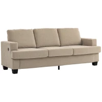 HOMCOM 3 Seater Sofa with USB Ports & Cup Holders, Chenille-Feel Upholstered Couch for Living Room, Light Brown(m-2)
