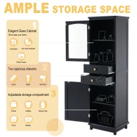 Tall Bathroom Storage Cabinet with Glass Doors, Free-Standing Design, Adjustable Shelves for Stylish Organization, 18" L x 14" W x 63" H, Black(m-6)
