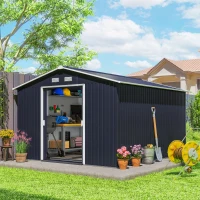 Outsunny 11' x 9' Metal Storage Shed Garden Tool House with Double Sliding Doors, 4 Air Vents for Backyard, Patio, Lawn Dark Grey(m-8)