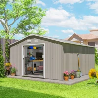 Outsunny 11' x 13' Practical Backyard Garden Storage Tool Shed Double Sliding Door 4 Ventilation Slots, Light Grey(m-8)