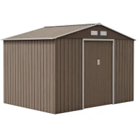 Outsunny 9.1'x6.4'x6.3' Garden Storage Shed w/ Foundation Kit Metal Tool Storage House w/ Double Doors Distressed Light Brown(m-11)