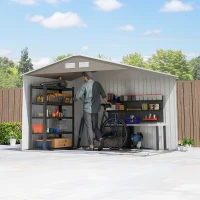 Outsunny 9.1'x6.4'x6.3' Garden Storage Shed w/ Foundation Kit Metal Tool Storage House w/ Double Doors Distressed Light Brown(m-10)