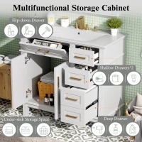 Modern Bathroom Vanity with Ceramic Sink, Soft Close Doors, Space-Saving Design and 4 Drawers for Storage, 36" L x 18.5" W x 35" H, White(m-7)
