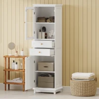 Tall Bathroom Storage Cabinet with Glass Doors, Free-Standing with Adjustable Shelves and Drawers, 18" L x 14" W x 63" H, White(m-11)