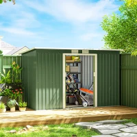 Outsunny 9' x 4' Garden Metal Storage Shed Outdoor Equipment Tool Box with Foundation Kit, Ventilation & Doors, Light Green(m-9)