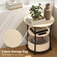 HOMCOM Round Side Table with Charging Station, 3-Tier End Table with Fabric Storage Bag and Shelf, Natural Wood(m-6)