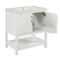 30" Bathroom Vanity with Ceramic Sink, Ample Storage, Gold Handles and Soft Close Doors for Small Bathrooms, 30" L x 18.5" W x 34" H, White(m-15)