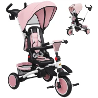 Qaba 6 in 1 Toddler Tricycle for 1-5 Years Old with Push Handle, Removable Canopy, Rotatable Seat, Pink(m-11)