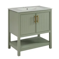 30" Bathroom Vanity with Ceramic Sink, Ample Storage, Soft Close Doors, Cabinet with Solid Wood frame, 30" L x 18.5" W x 34" H, Green+White(m-15)